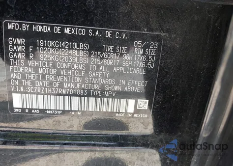 2024 Honda Hr-V 2Wd Lx z USA, uszkodzony, nr VIN 3CZRZ1H37RM701883